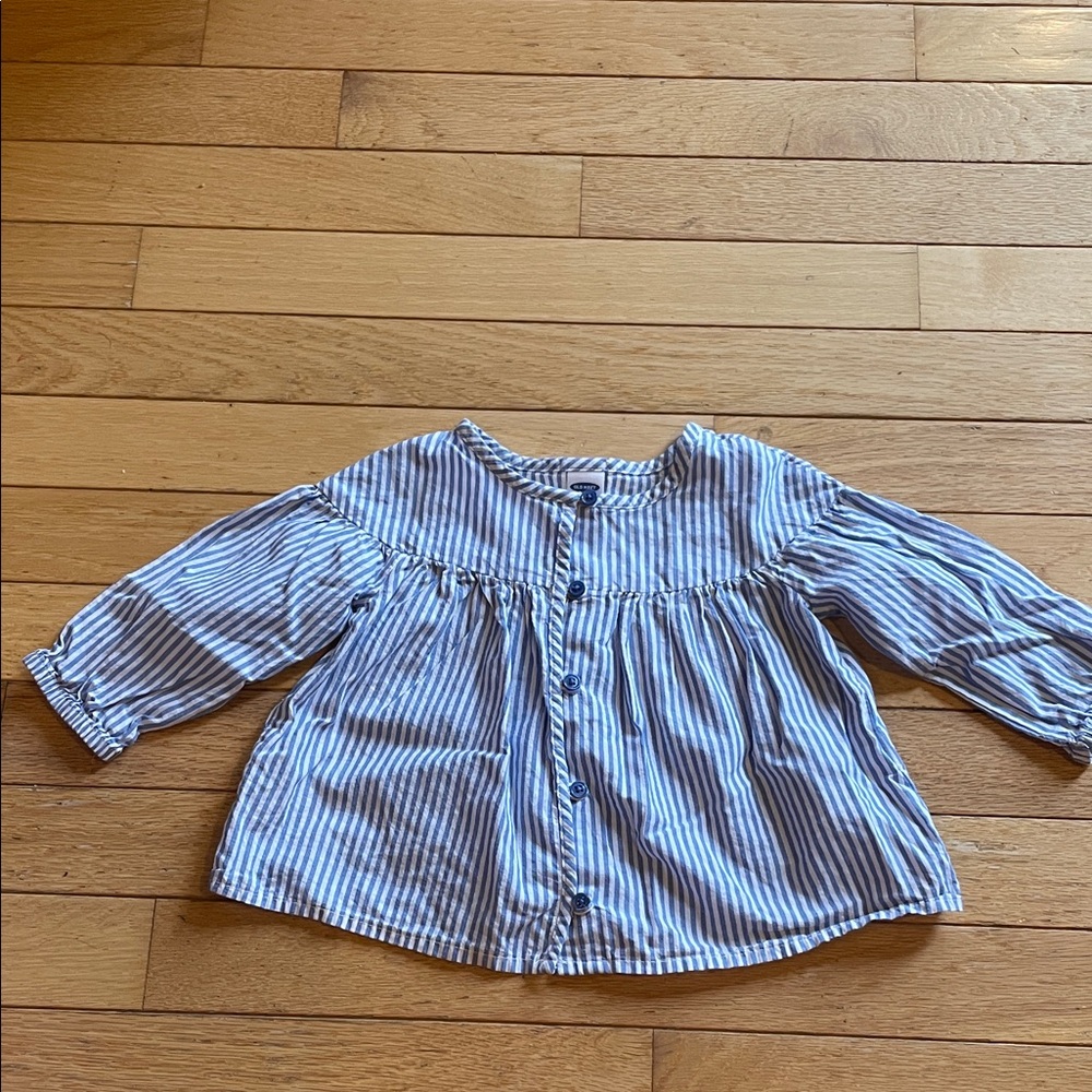 Old Navy Blue and White Striped Button Down Shirt with coordinating leggings.